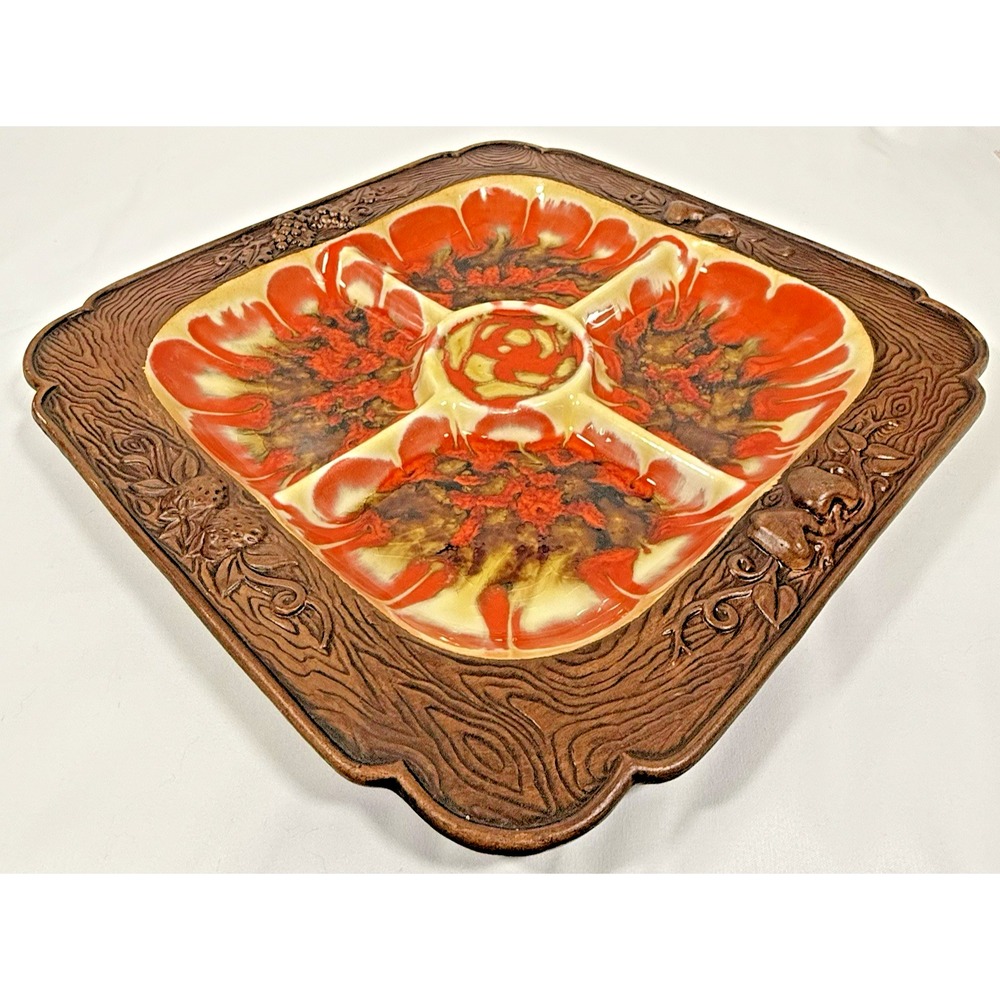 Treasure Craft Serving Tray 12.5in Brown Orange Fruit Relief Lava Glaze